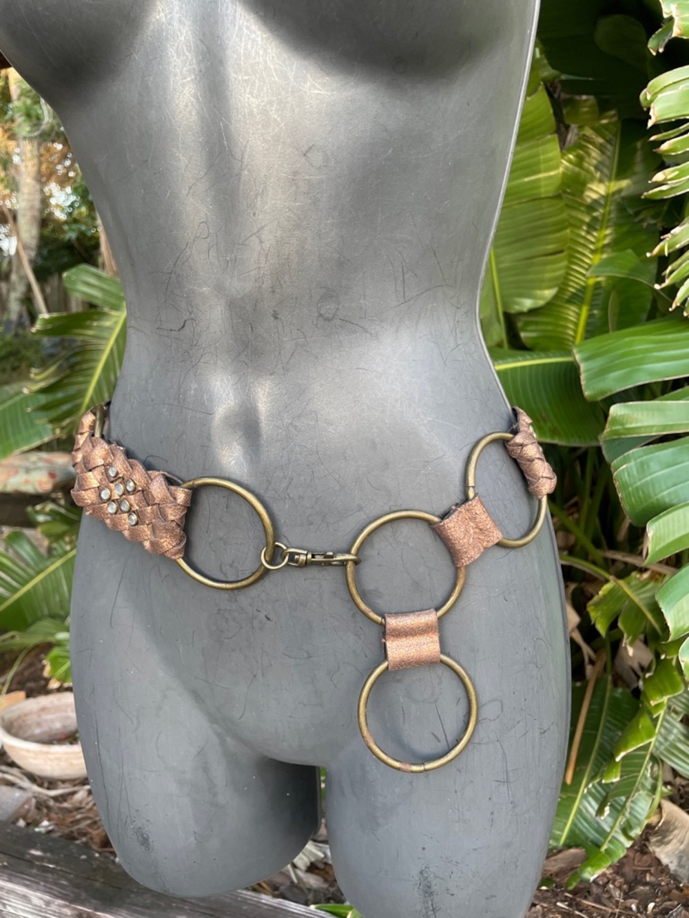woven copper, leather and chain-link belt